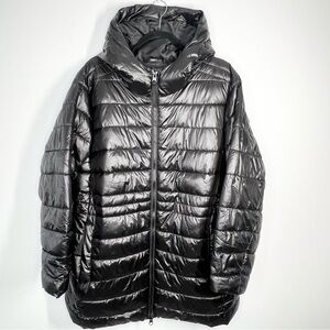 Swiss Tech Shiny Black Puffer Jacket Hooded Packable Mid Length 1X 16W-18W